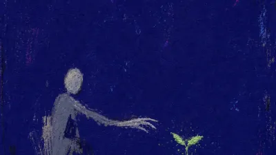 A solitary figure with detached hands near a green sprout, cool grey layers separating touch from deep indigo space
