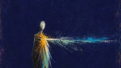 A solitary figure with the ribcage pulled forward, warm amber thinning into cold blue toward a deep indigo horizon.