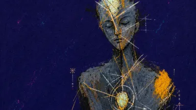 A solitary figure with crossed lines around the head and chest, sharp amber crackle against cool iron gray space