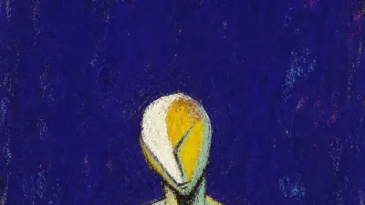 A solitary figure with tight chest lines and raised wand-like angles pressing inward in sharp amber against deep indigo