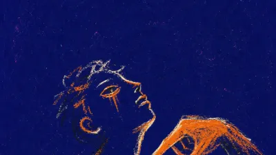 A solitary figure with a tight throat and hovering thumb, electric amber light suspended in deep indigo space