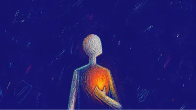 A solitary upright figure with a guarded chest, warm ember tones held against deep indigo space and a faint fence-like line
