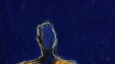 A solitary figure with raised shoulders and a braced chest, dull amber warmth squeezed against deep indigo space