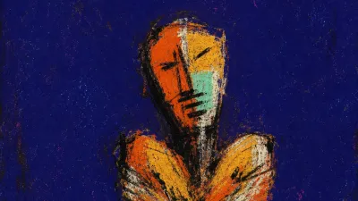 A solitary figure with crowded shoulders and chest, open dark space around them while amber pressure blocks the view ahead
