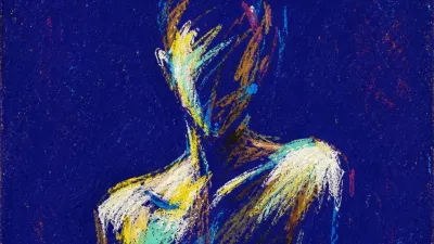 A solitary figure under sharp open light, shoulders tight, burnt gold edges pressing into cold indigo space