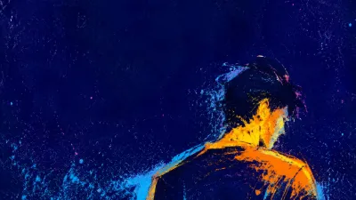 A solitary figure with raised shoulders in deep indigo space, warm amber contour fading into cool blue distance.
