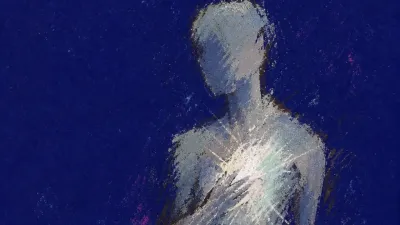 A solitary figure with an open chest space, pale light cutting through grey static in deep indigo air