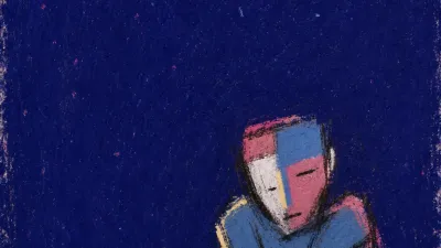 A solitary figure with shoulders drawn inward, muted rose heat compressed against cold steel-blue space near a lit window