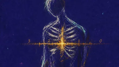 A solitary figure with tense ribs in deep indigo space, acid amber light glowing like a quiet countdown