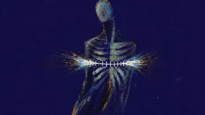 A solitary figure in dark space with a bright number-line pressing around the ribcage, cold silver against burnt amber