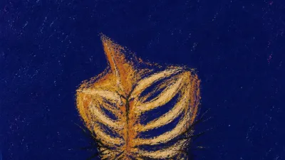 A solitary figure sitting still with tight bands around the ribs, warm amber pressure cutting through deep indigo space
