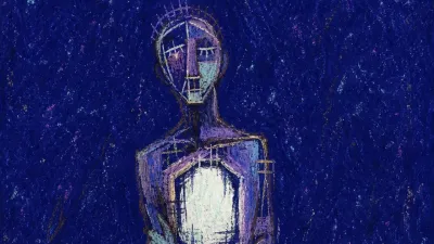 A solitary figure in deep indigo space, hollow chest lit by cold white glare while muted violet edges fade away