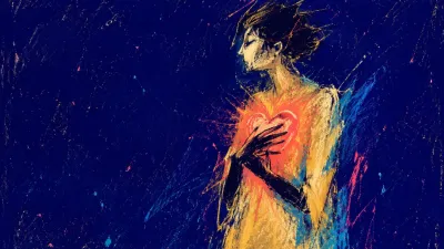 A solitary figure with coral light suspended at the chest, its bright edge pressing into deep indigo space.