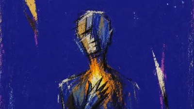 A solitary figure with chest and throat held tight, warm amber tension suspended in cold blue negative space