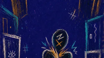 A solitary figure with raised shoulders and a tight chest, surrounded by amber and teal doorlike shapes in deep indigo