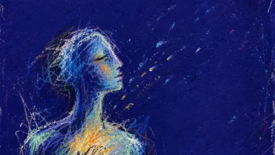 A solitary figure under deep indigo light, chest loosening as warm red fades into pale water and open night space