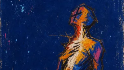 A solitary figure with tight bands around the chest and throat, warm amber edges compressed by deep indigo space