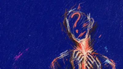 A solitary figure with stiff hands and a tight throat under raw coral light against deep indigo space