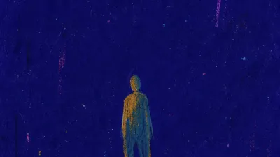 A solitary figure with weighted feet on a dark floor, warm ochre lines rising through cool teal space