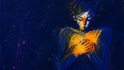 A solitary figure with raised shoulders, a warm amber band suspended across the chest against deep indigo space.