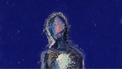 A solitary figure with dim chest light and tired eyes, surrounded by silver glare fading into deep indigo space