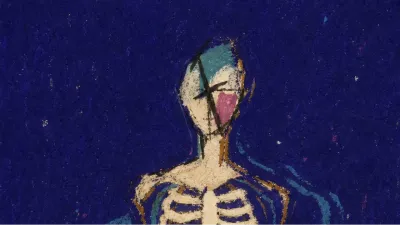 A solitary figure with a soft glow around the ribs, standing between warm pearl light and deep indigo water