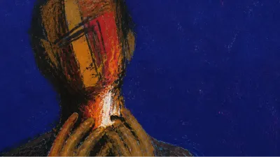 A solitary figure with tense hands near the throat, rust amber marks suspended in deep indigo air