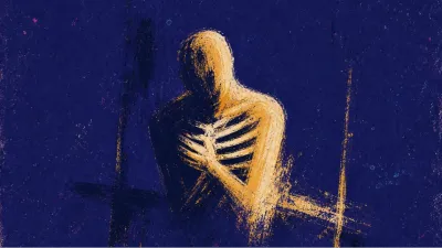 A solitary figure with a tight ribcage near a glowing window, warm amber blocked by deep indigo space
