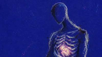 A solitary figure with a small curled shape glowing under the ribs, warm pink pressed into bruised indigo space