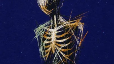 A solitary figure held still in deep indigo space, amber lines buzzing around the ribs beneath suspended sharp shapes