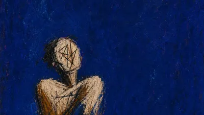 A solitary figure with raised shoulders in a quiet room, warm amber light held back by cold indigo space