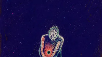 A solitary figure curled inward in dark space, coral heat near the face dropping toward a cold teal stomach center