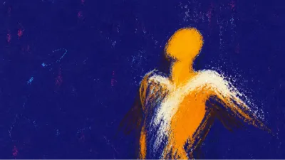 A solitary figure held in a dark doorway, shoulders lifted, amber tension pressing against deep indigo space