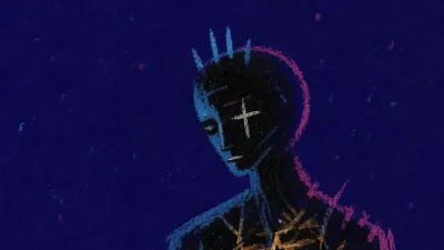 A solitary figure in deep indigo space, ribcage lit by warm sepia static splitting into ice-blue edges