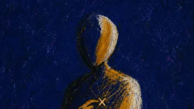 A solitary figure holding a lit phone, chest crossed by amber static as deep indigo space narrows around them