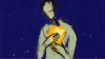 A solitary figure with steady hands near a warm chest glow, soft amber held inside deep indigo space