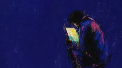 A solitary figure leaning toward a glowing screen as deep indigo space compresses around the chest and room