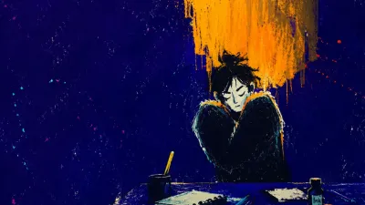 A solitary figure with raised shoulders beside immaculate tools, warm amber edges pressing into grainy deep-indigo space.