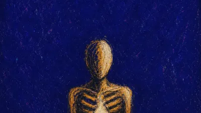 A solitary figure with tense ribs and raised shoulders, warm amber pressure pushing against deep indigo space