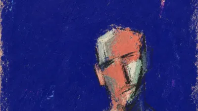 A solitary figure with a staged outline over the face and chest, coral light pressed against steel grey in deep indigo space