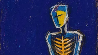 A solitary figure with raised shoulders and a compressed ribcage, warm amber lines pressing into deep indigo space