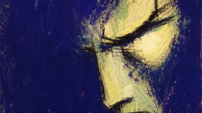 A solitary figure with a tight jaw and hazy forehead, pale citron light pressing through deep indigo space