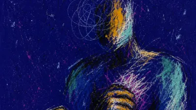 A solitary figure with tense hands near a glowing screen, amber light pressing into deep blue space around the chest