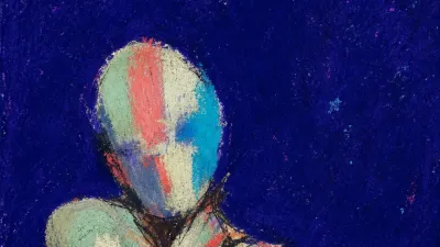 A solitary figure with shoulders folded inward, coral heat under the skin against ash grey and deep indigo space