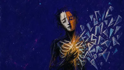 A solitary figure with glass-like words suspended from the chest, amber static pressing against deep indigo space