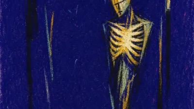 A solitary figure with tight ribs in a narrow dark space, cold amber edges pressing into deep indigo walls