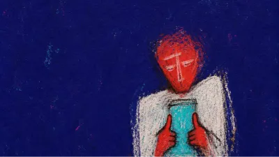 A solitary blue-lit figure with tense hands near a glowing phone, cyan and ember red edges pressing inward