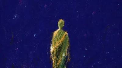 A solitary figure standing still, feet grounded on a dark floor, soft gold light widening around the chest