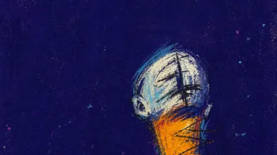 A solitary figure with raised shoulders and a tight throat, amber lines pressing against cold blue space