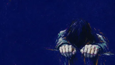 A solitary figure with white knuckles clenched around a dark edge, cold white pressure cutting into bruised amber shadow